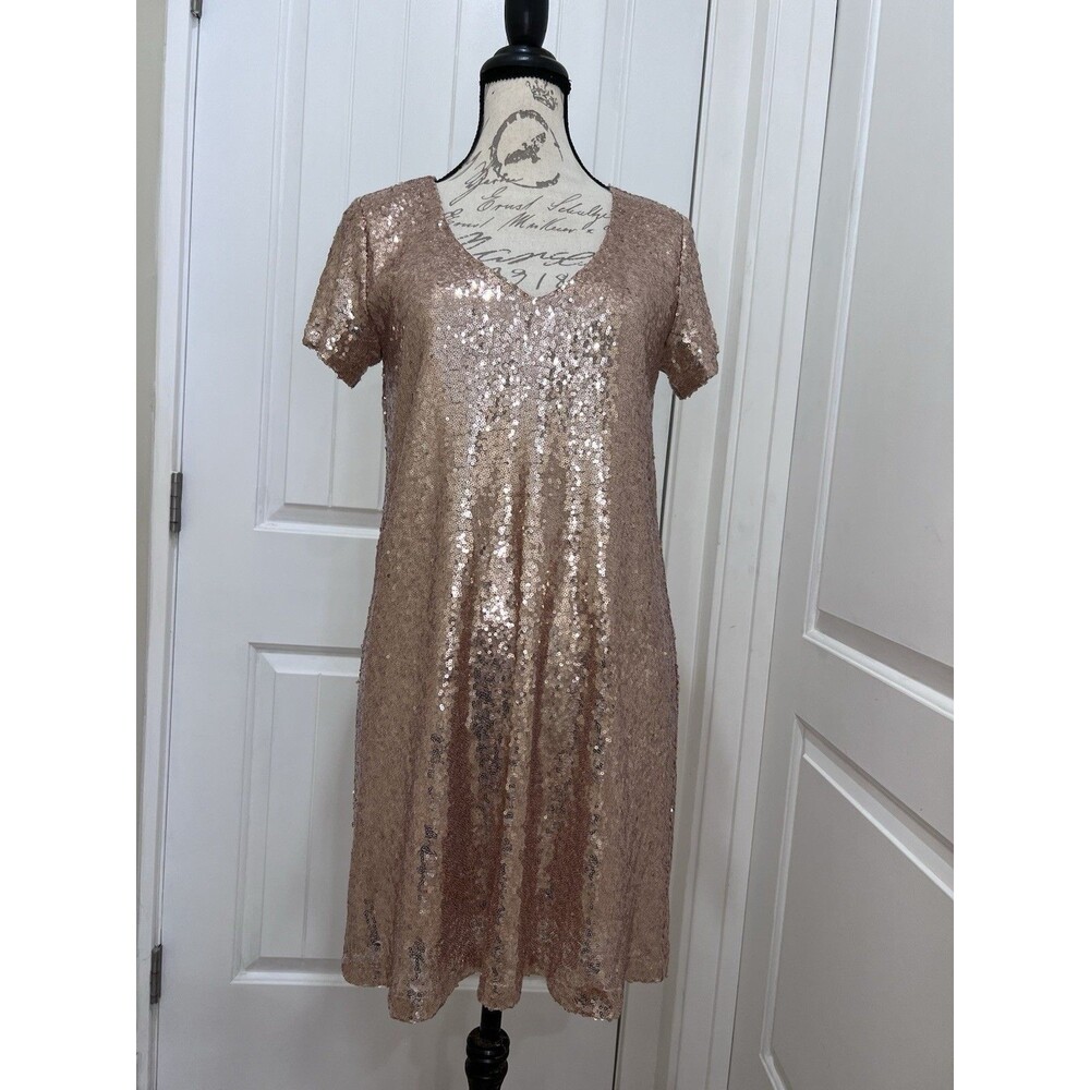 Lulus Light Up The Night Pink Champagne Sequin Shift Dress Sz Small Cocktail